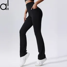 AL Yoga Leggings New Nude-Feel Micro Flared Sports Pants Women's Drop Feeling Wide Leg Tights Casual High-Rise Fitness Trousers Outside Streetwear with Pockets