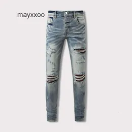 Jean Jean Mens Moda Amiirii 2024 Demin Amerikan Yüksek Mor Sokak Aşınmış Yıkama Deliği Yaması Canlı Yayın İnce Fit X5C3