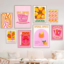 Pink Strawberry Lemon Card Cocktails Drink Posters Retro Canvas Painting Living Room Corridor Wall Art Picture Kitchen Bar Decor 240424