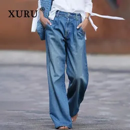 XURU - Jeans de cintura alta e européia e americana de cintura alta para mulheres, calças de perna larga e lã, jeans longos soltos K83- 1414070 240419