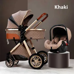 Strollers# Luxury baby stroller 3-in-1 with car seats portable reversible high landscape hot mother travel Plum Q2404291