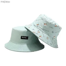 Caps Hats LDSLYJR cotton double-sided cartoon dog print bucket hat fisherman hat outdoor travel hat mens and womens sun hat 261L240429