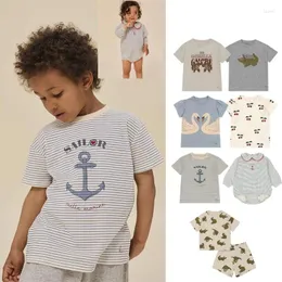 Kläder sätter KS Kids T -shirt 2024 SS Summer Girl Boy Cotton Tee Short Sleeve Basic Casual Shorts Barn Kläder Set Baby Rompers