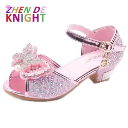 Sandaler Little Girls Rhinestone Bow Highheeled Sandals Princess Dancing Summer Pu Leather Shoe Big Girl 3 4 5 6 7 8 9 10 11 12 Year Old