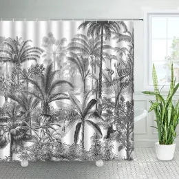 Set Black White Tropical Plants Palm Trees Shower Curtains Jungle Natural Landscape Home Polyester Bath Curtain Sets Bathroom Decor
