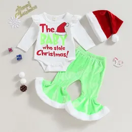 Kläder set citgeeautumn jul spädbarn baby flickor pojkar faller outfits brev tryck långärmad rompers gröna byxor röda hattkläder