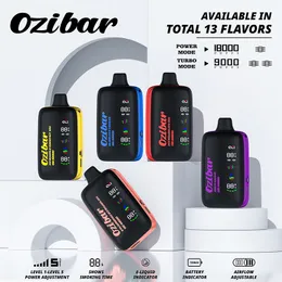 Оригинальный Ozi Bar 18000 Puffs одноразовые Vapes 5 Уровень E Сигареты Устройство 0,8 Ом двойная сетчатая катушка 25 мл Vape Pen 18k Перезаряжаемая Большой светодиодный дисплей и батарея Vaper Pod