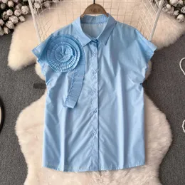 Kadın Bluzları Kadınlar İçin Yaz Bluz Dönüş Yaka Üç Boyutlu Çiçek Camisas de Mujer Düğmesi Düz Renk Blusas Tasarımcı