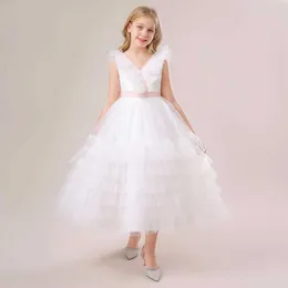 Mädchenkleider weiße Prinzessin ärmelloses flauschiges Netz langes Kleid Jugendmädchen Graduierungskleid Hochzeit Blume Mädchen Weihnachten langes Kleid