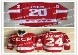 대학 하키는 1980 Vintag CCCP 러시아 하키 20 Vladislav Tretiak 24 Makarov Jerseys Cheap Mens 100 스티치 빨간색 흰색 Alt6749911