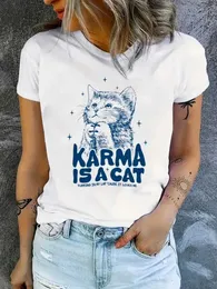Camiseta feminina Karma é uma carta de gato impressa em camisetas femininas vestidos femininos de grandes dimensões LONAS LOLHAS MANEIS PARA PRIMAÇÃO E SMERNO E SUMPRIM