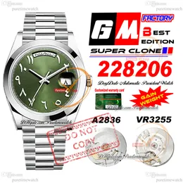 228206 DayDate A2836 VR3255 MANS ANTAWATION WATCH GMF V3 GREEN ARABIC DIAL 904L STEEL PRESTEMET SUPER EDITION نفس البطاقة التسلسلية زيادة الوزن