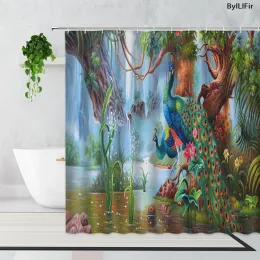 Set Peas Forest Landscape Shower Curtains Animal Tropical Jungle Elk Flower Plants Natural Scenery Fabric Bathroom Curtain Decor