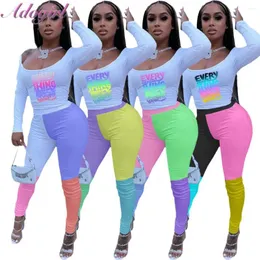 Women's Two Piece Pants Antumn Set Casual Letter Print Crop Tops T-shirt Patchwork Stacked Suit Jogger 2 Sets Outfit Soprt Tracksuit