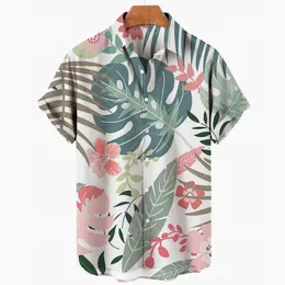 Летние мужские листья элегантные цветочные социальные гавайские с коротким рукавом негабаритный случай повседневной рубашки в стиле каникулы Harajuku Camisa 240428