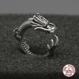 S925 Sterling Silver Ring Vintage Hip Hop Blue Dragon Head Personalized adjustable jewelry Gifts for Lovers 240420