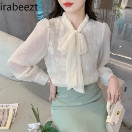 Blouses feminina 2024 Versão coreana da primavera de todo o pescoço de pescoço comprido mulheres tops brancos reguli fit blusas de chifon elegantes