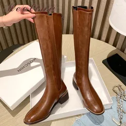 Boots Meotina Women Highine Leather Knee High Round Toe Block Heel Zipper Long Boot Boot Autumn Winter Brown 40