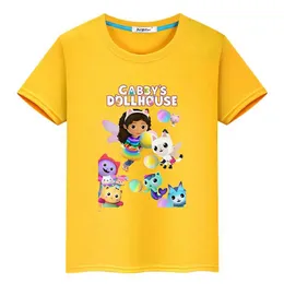 T-Shirts 2024 süßes T-Shirt Kawaii Gabbys Puppenhaus gedrucktes T-Shirt 100% Baumwolle Kurzarmjungen Anime Top Y2K One-Stück Childrens Clothing Girll2404