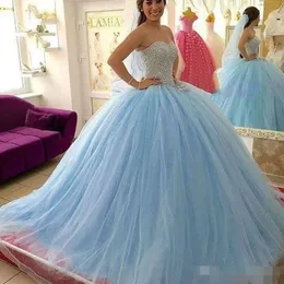 Blue Beaded Tulle Dresses Sweetheart Quinceanera Sky Neckline Sequins 2020 Sparkly Sweet 16 Birthday Party Prom Ball Gown Custom Mde