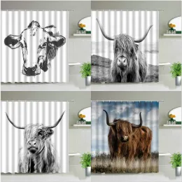 Conjunto Highland Cow Animal Cretins Telas de banho Impressão 3D Northern Europa Curta de banheiro à prova d'água com ganchos laváveis