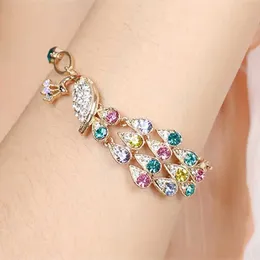 Kedja lyxkoreanska ros gyllene färgglada kristall strass påfågel armband modetillbehör för kvinnor