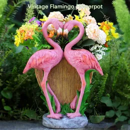 Plantadores Pots Doce casal de casal flamingo amante de flores estátua jardim animal escultura de pássaros decoração em casa externo q240429