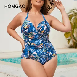 Homgao Blue Print One One Womens Swimsuit Sexy Vneck ملابس السباحة بالإضافة إلى الحجم