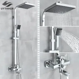 Set Uythner Bathroom Chrome/black Shower Faucet Rotate Tub Spout Wall Mount 8" Rainfall Shower Head with Handshower Bathtub Mixer