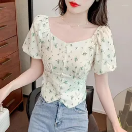 BULUSE DONNE DONNE DONNE Summer Casual 2024 Abbigliamento di moda coreano Vintage V Neck Blusas Slim Floral Stamped Crop Corset Tops Y2K Shirts