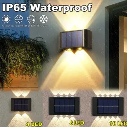 Dekorationer 16/12/10/8/6/4/2 LED Solar Wall Lamp utomhus vattentät upp och ner lysande belysning för trädgårdsstaket dekoration solljus ljus