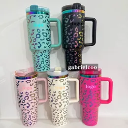 Designer Multi Color 40oz Handle Car Cup Phantom Gold Edge Leopard Classic Logo Printed Stainless Steel Large Capacity Heat Insulation Straw Cup Ice Cup Tumblers