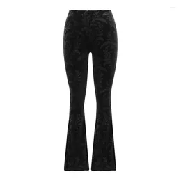 Women's Pants Vintage Floral Scratched Gothic Velvet High Waist Skinny Flare Trousers For Women Autumn Winter Streetwear L