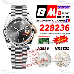 228236 Daydate A2836 VR3255 Mens Automático Relógio GMF V3 Rodium cinza Dial 904L Aço Presidente da pulseira Super edição Edição Mesmo cartão serial Ganho de peso Puretime Ptrx