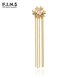 F.I.N.S Luxury Zircon Snowflake Ear Clip without Holes S925 Sterling Silver Hanging Tassel Chain Earcuff Catilage Fine Jewelry 240428