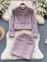 Abiti da lavoro Eleganti tweet elegante per tweet a quadri per giacca corta abiti per cappotto a 2 pezzi set in giro ad alta gita inverno inverno inverno da donna abbigliamento