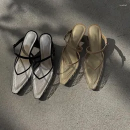 Hausschuhe echte Lederspannte Cover Zehen Sandalen Frauen elegant spitzs Zählerschnalle Gurte High Heel Schuhe Japanisch glatte Dame rutschen