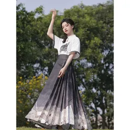 Ethnic Clothing Chinese Hanfu Short Skirt Set Button Short Sleeve Shirt Top Womens Summer High end Improved Horse Face Long Dress Two Piece Set