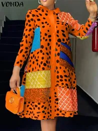 2024 Vonda kvinnor Bohemian Dress Lapel Långärmning Leopard tryckt skjorta sundress mode knappar knälängd vestidos överdimensionerade 240425