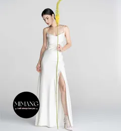 Split Elegant temperament White long suspender slim fit stain Spaghetti dress Evening Dress