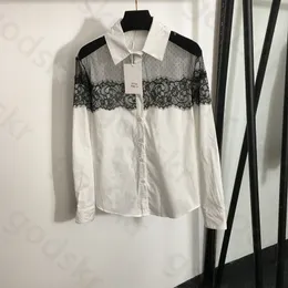Modespitzen Patchwork Hemd Damen Designer Einfacher locker Langarmbluse Revers vom Schulter -T -Shirt