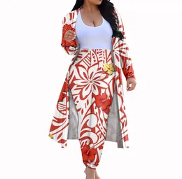 Women Samoan Polynesian Plumeria Flower Print Pant Suits Fashion Thin Skinny Cardigan Long Pants Two Pieces Clothing Suit1385792