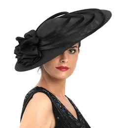 ワイドブリム帽子バケツ帽子黒い大きな花の魅力者シナマイ教会帽子ケンタッキーダービーハットウェディング豪華なヘッドバンドハット女性のためのカクテルティーパーティーY240426