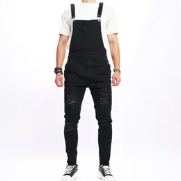 Men's Jeans Men Hiphop Ripped Distressed Slim Bib Overalls Jumpsuits Biker Streetwear Stylish Strap Denim Pants