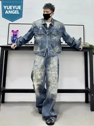 Traccetti da uomo Studi da uomo Sfidamento da uomo hip hop giacca corta giacca a gamba larga jeans due pezzi set di design vintage set di personalità strappato