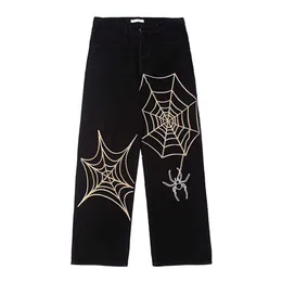 Мужские джинсы Y2K Spider Print Men Harajuku Hip Hop Strtwear Женщины широкие брюки с высокими брюками готические брюки.