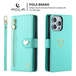 Fasion Design Light Luxury Gold Zipper Card Wallet Case For Apple iPhone 15 14 Pro XR13 Multi Card 360 Full Protection Foil Stamping Heart Leather Belt
