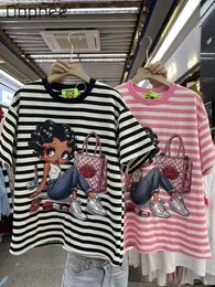 春の夏の例えばこラインストーン漫画の女の子プルオーバーミッドレングスTシャツ女性半袖乗組員首のルーズコットントップ240412