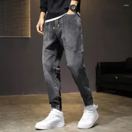 Calça de jeans masculina calça cowboy esticar calças cinza com bolsos spandex elástico de tamanho grande algodão grande luxo folgado