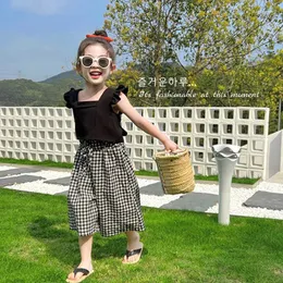 Clothing Sets Girls Summer Suit 2024 Korean Children's Ruffled Sleeveless Tank Tops Loose Plaid Wide-Leg Pants Casual Fashion 2pcs